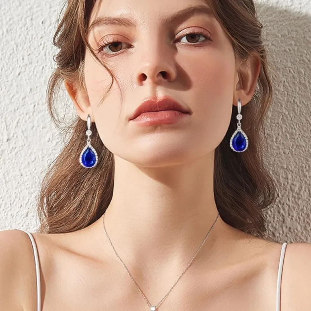 14K White Gold with Blue Sapphire Cubic Zirconia Teardrop Hook Dangle Earrings